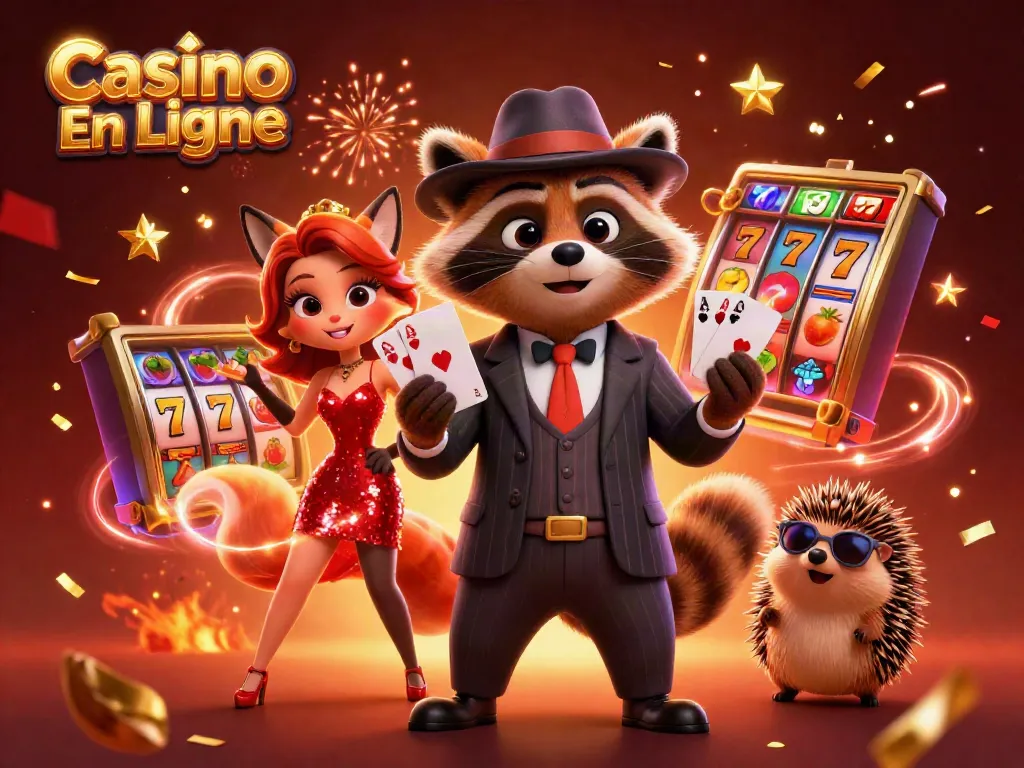 Animation ludique sur le thème du Casino En Ligne avec des personnages de jeu emblématiques.