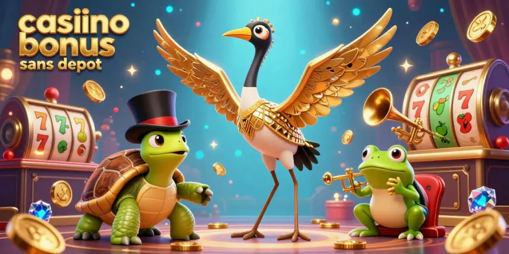 Visualisez le meilleur casino bonus sans dépôt avec des personnages de jeu et des pièces dorées dans une scène dynamique.