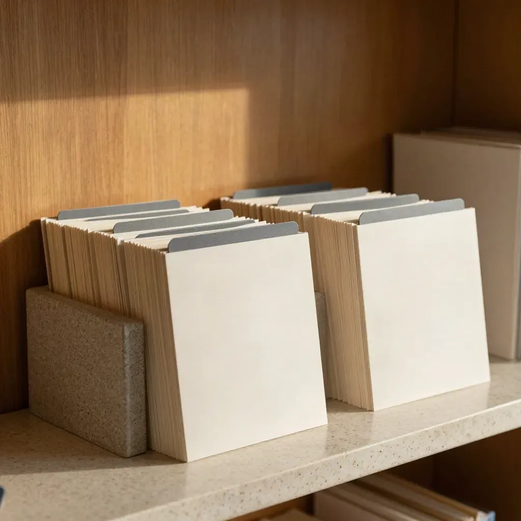 Fiches métiers classées dans des onglets, avec serre-livres en pierre et bloc de classement en toile.
