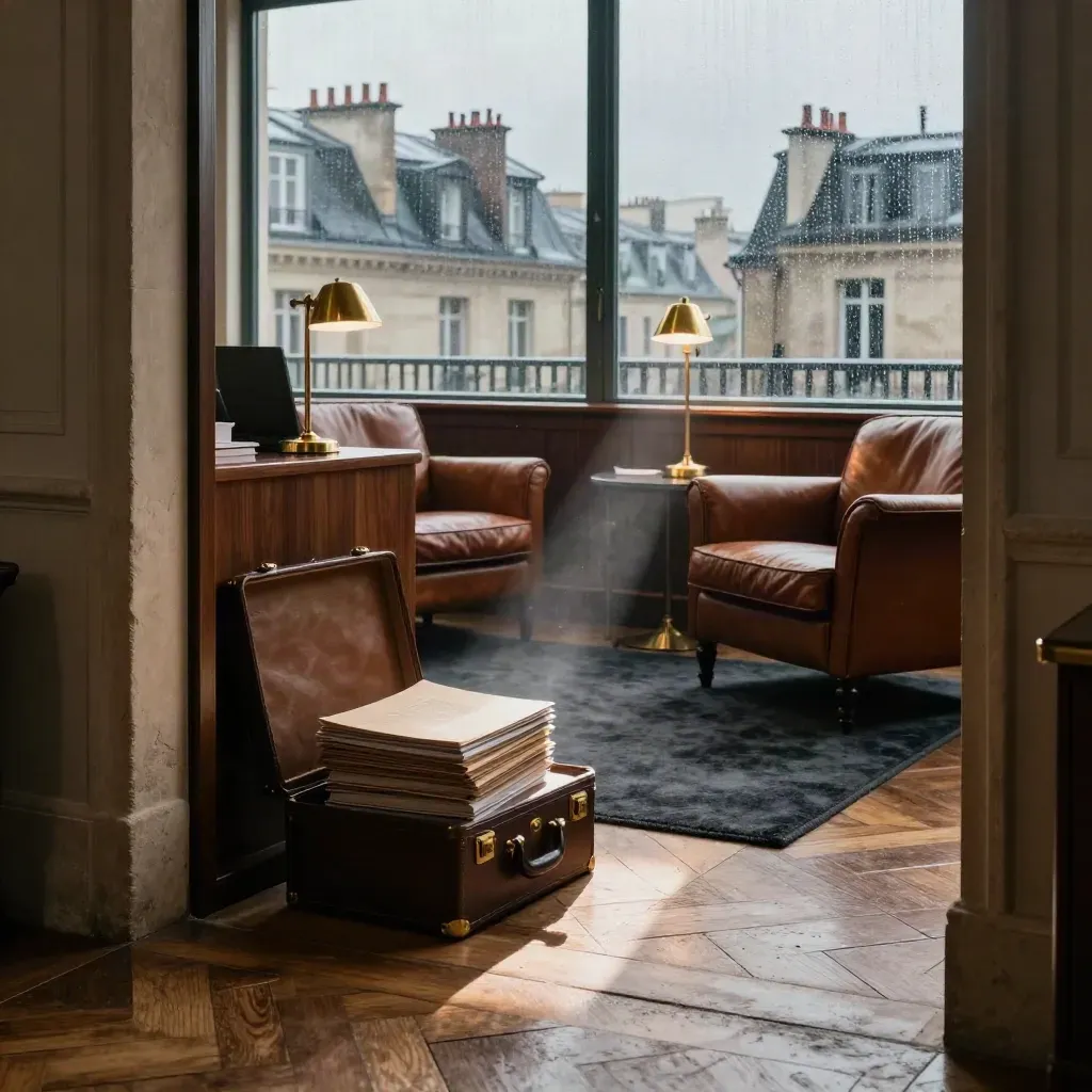 Salon de chasse de têtes en noyer, pierre et lumière après la pluie, avec dossiers et fauteuils vides.