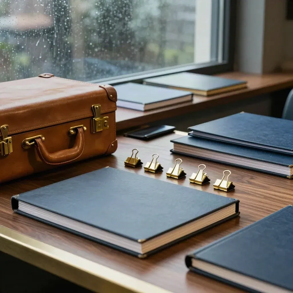 Dossiers exécutifs, valise en cuir et pinces laiton devant une baie vitrée humide et sombre.