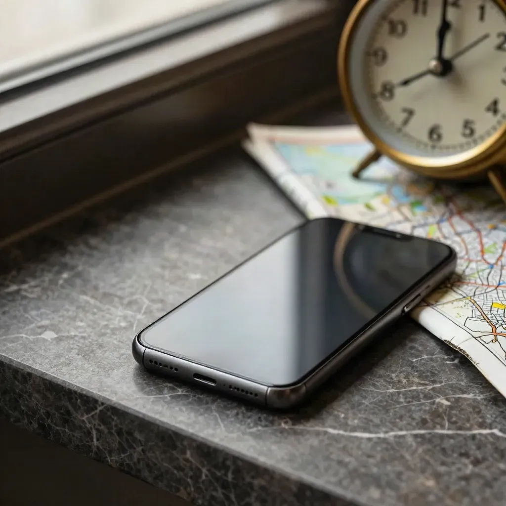 Téléphone vibrant sur marbre sombre, réveil laiton et carte pliée sous un angle serré.