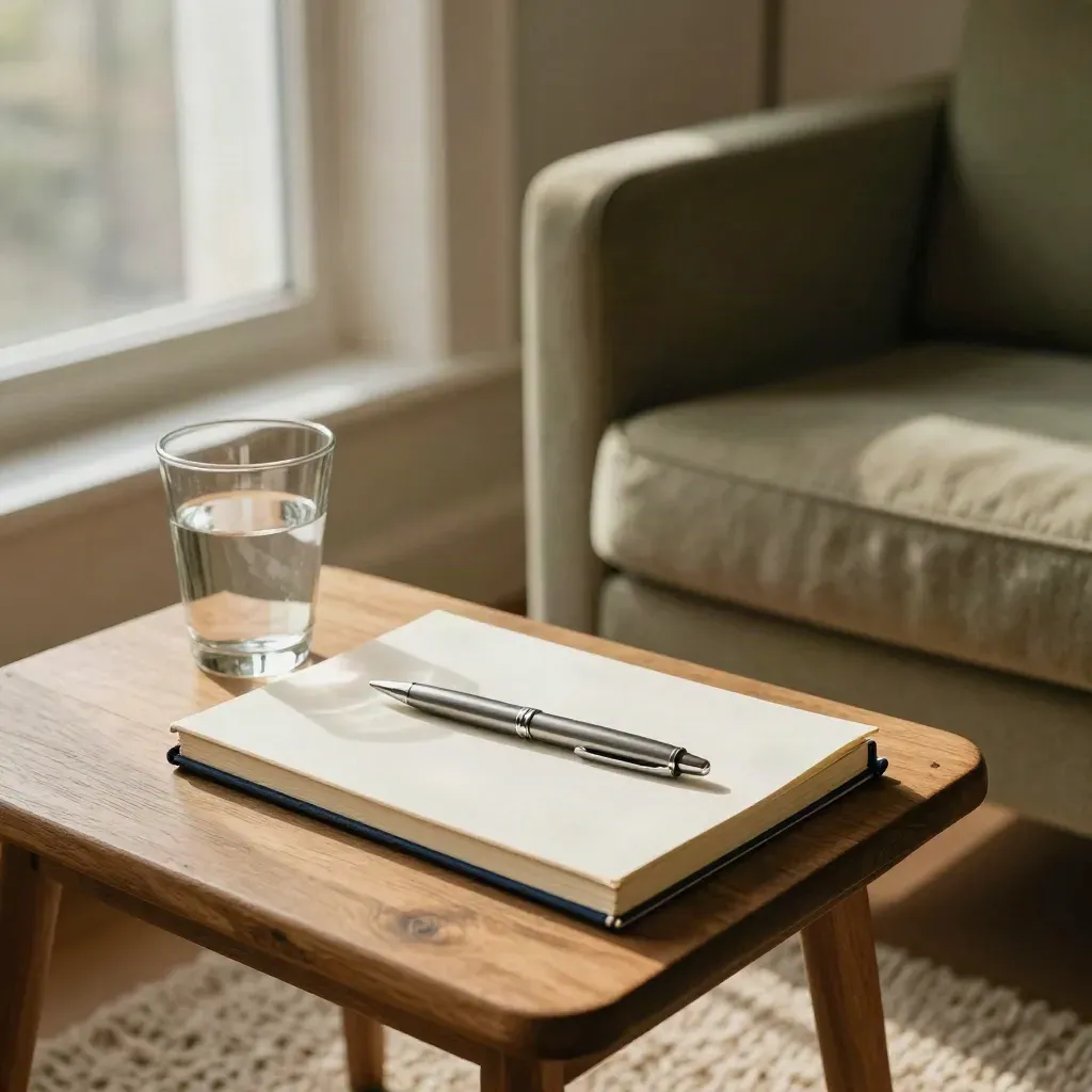 Fauteuil vide, carnet fermé, stylo métal et verre d’eau près d’une fenêtre.