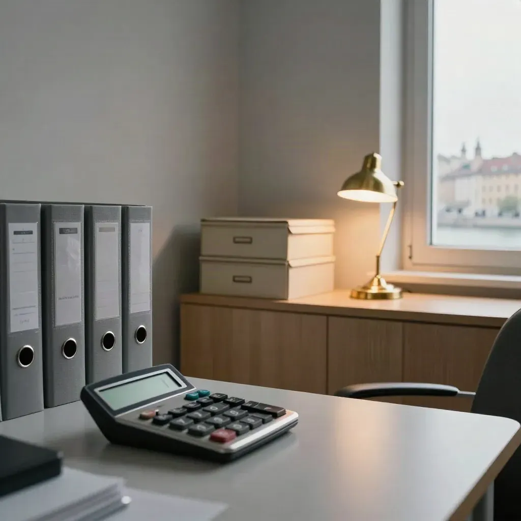 Bureau finance silencieux à Lyon, calculatrice métallique, classeurs fermés et lampes allumées.
