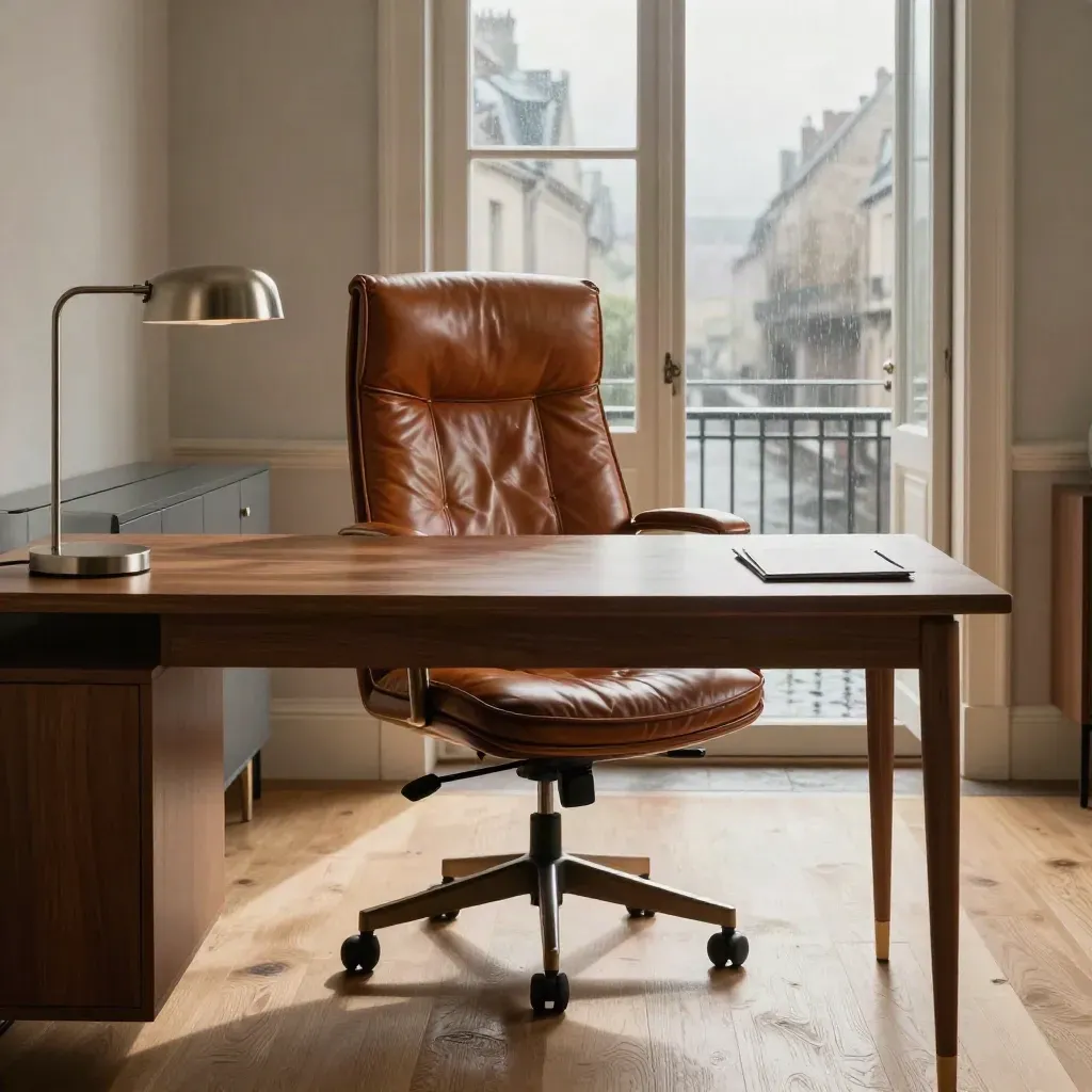Bureau de direction vide avec fauteuil cuir, porte entrouverte et vue humide sur Nantes.