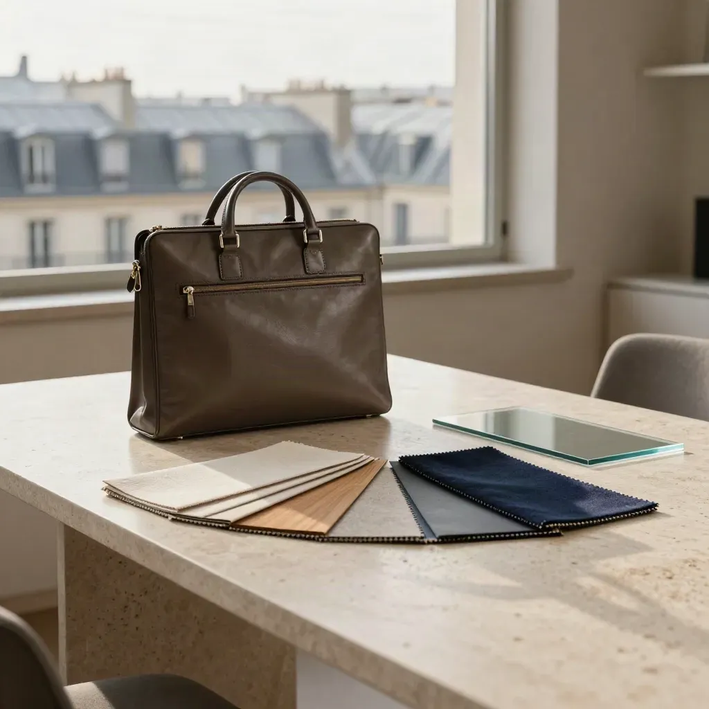 Showroom parisien minimal, mallette ouverte et échantillons de matériaux sur fond de toits.