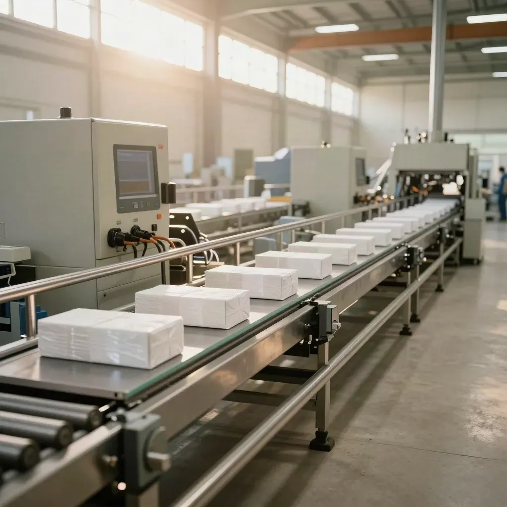Ligne de production propre en marche dans un site industriel lumineux, style cinématographique.
