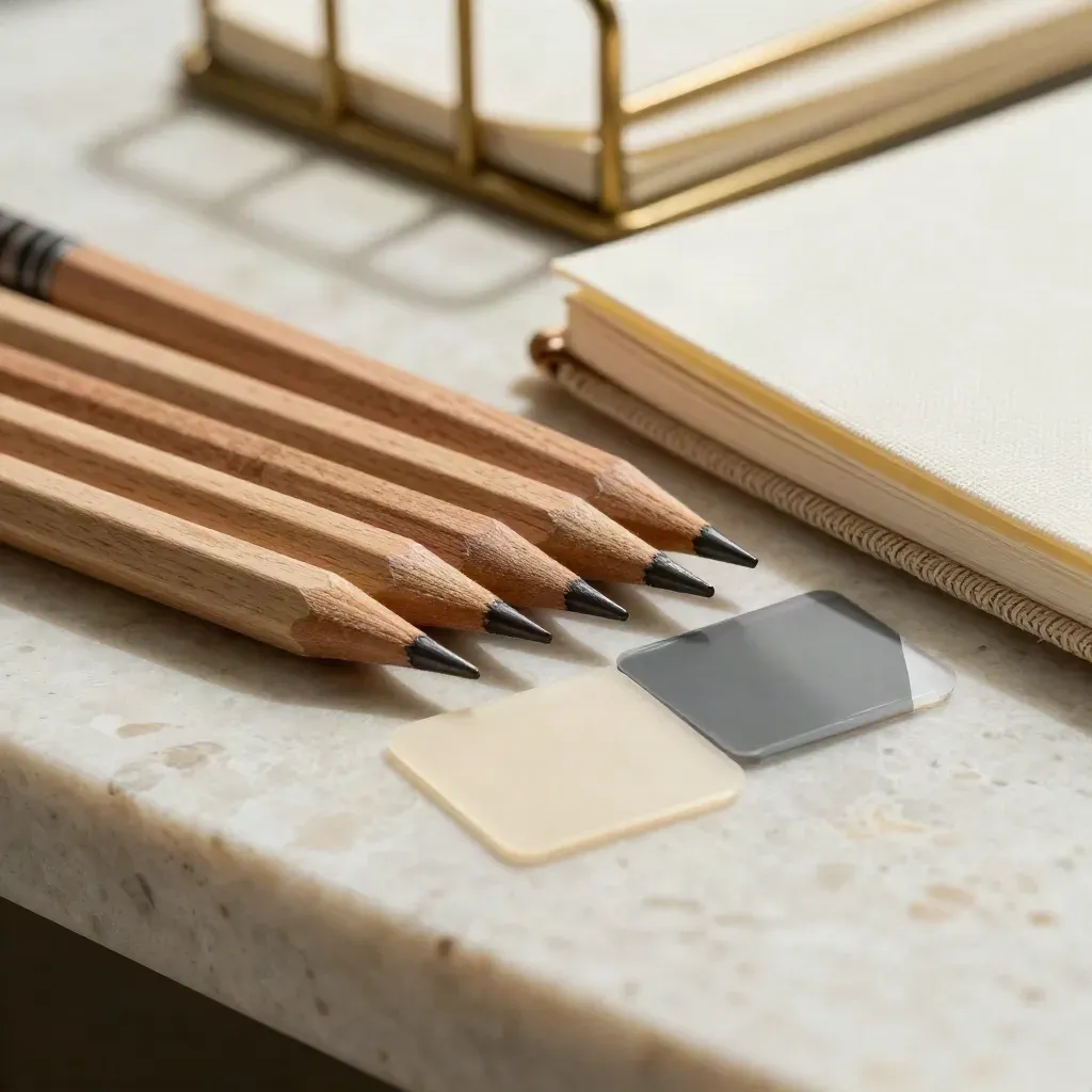 Crayons d’annotation, cartes couleurs et carnet en lin sur travertin clair.