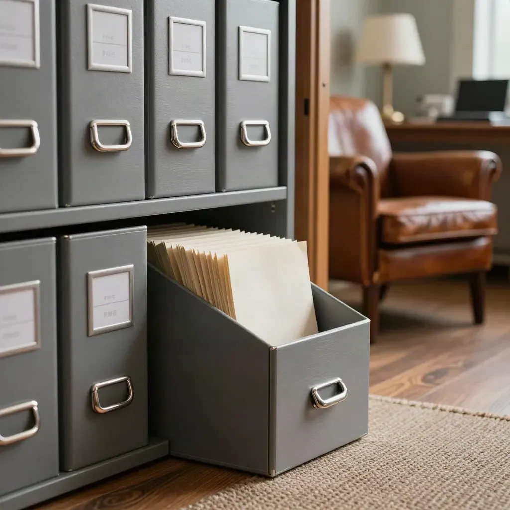 Gros plan cinématographique d’un bureau PME avec archives classées et fauteuils vides