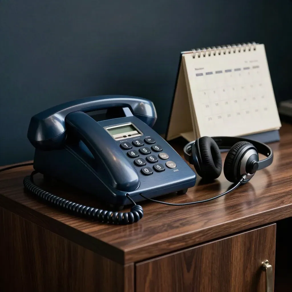 Téléphone fixe bleu nuit, casque pro et calendrier de bureau sur bois sombre, lumière dramatique.