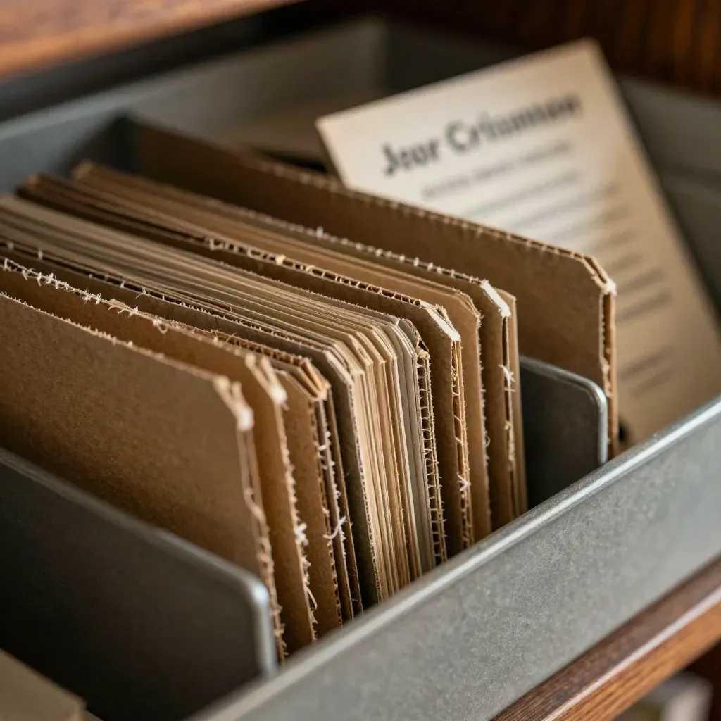 Gros plan de cartes métiers, onglets sectoriels et bacs de tri en carton sur une étagère d’archives.