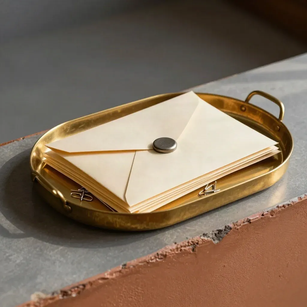 Bac d’entrée en laiton avec enveloppes scellées, trombones et sceau sur fond ardoise.
