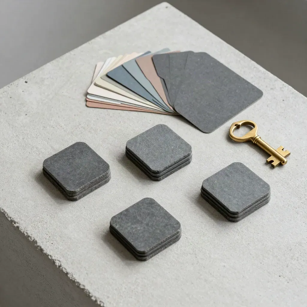Flatlay vue du dessus de jetons, onglets de couleur et clé en laiton sur béton.