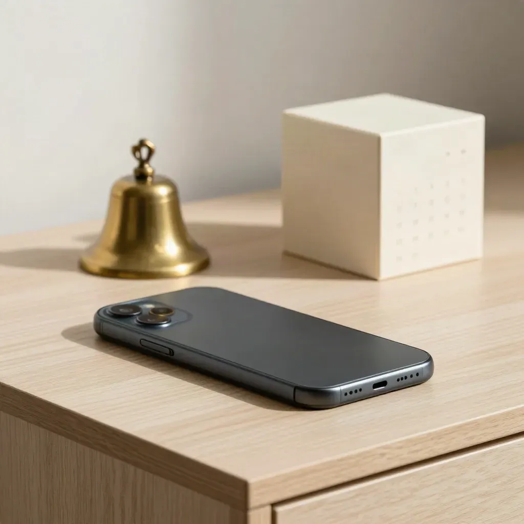 Téléphone sombre, cloche en laiton et cube calendrier sur bois pâle, lumière douce.
