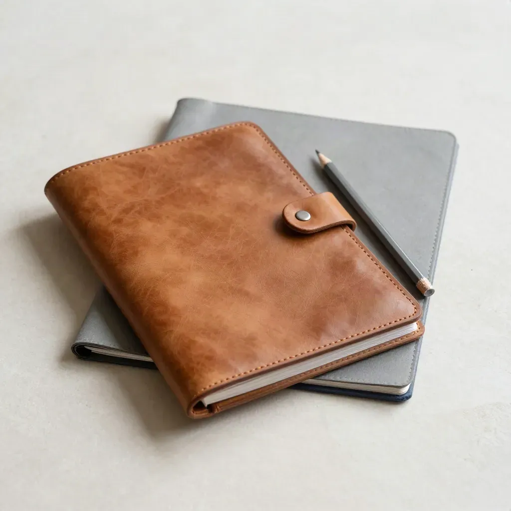 Portfolio en cuir fermé, chemises cartonnées, crayon taillé et pince sur fond clair.