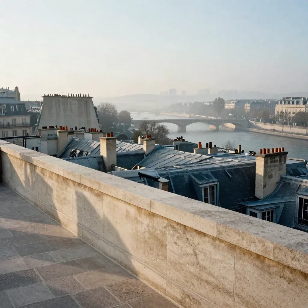 Vue de Paris depuis une terrasse haute, toits haussmanniens et Seine dans la brume