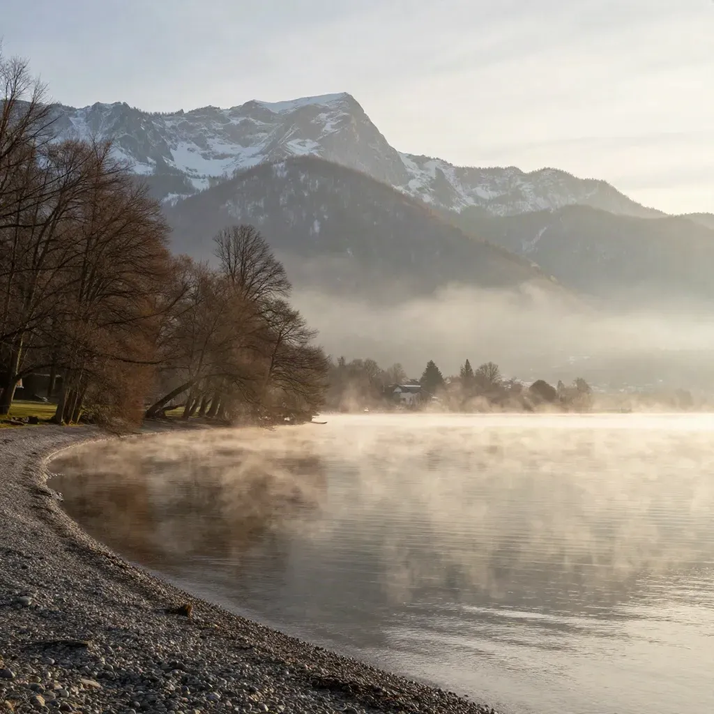 Vue brumeuse du lac d’Annecy au lever du jour, montagnes hautes et rive paisible.