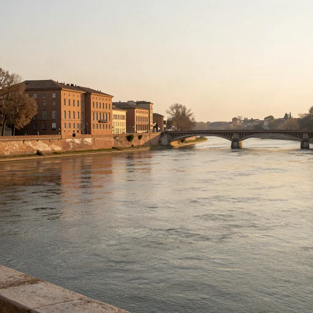 Toulouse au coucher du soleil sur la Garonne, façades de brique rose et brume dorée