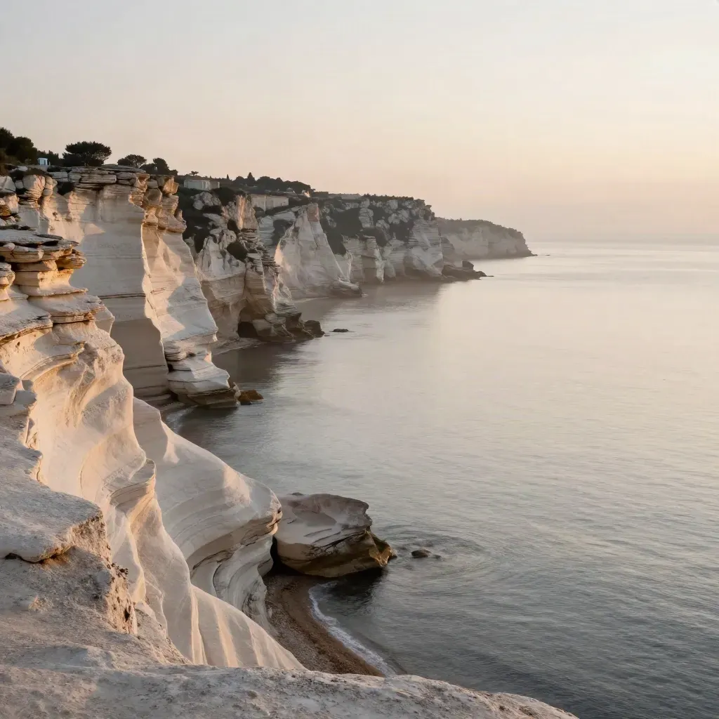 Falaises claires de PACA, mer calme et brume douce au coucher du jour.